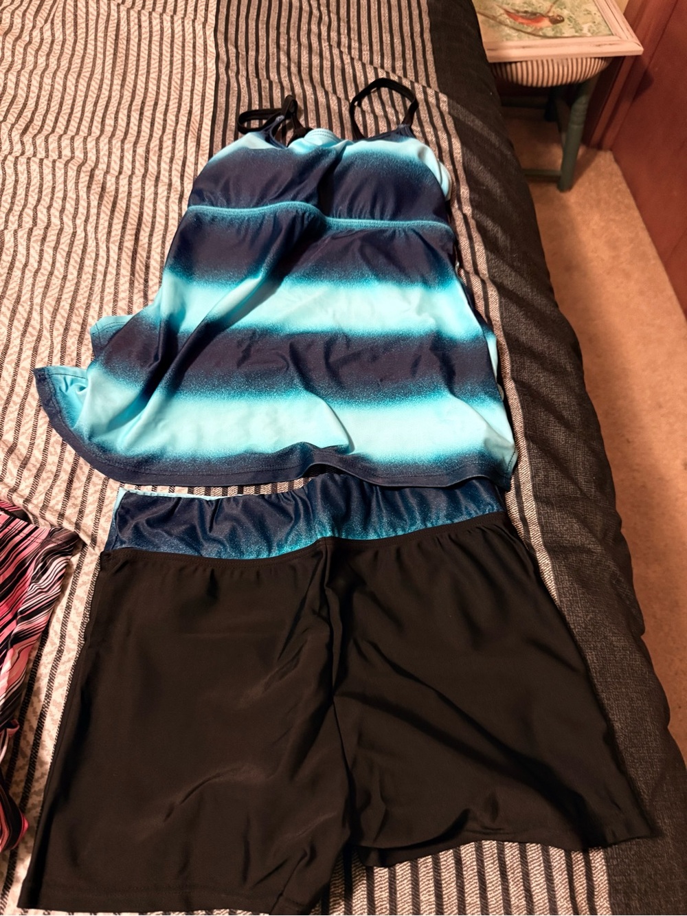 Blue Ombre Tankini Top with Black Swim Shorts